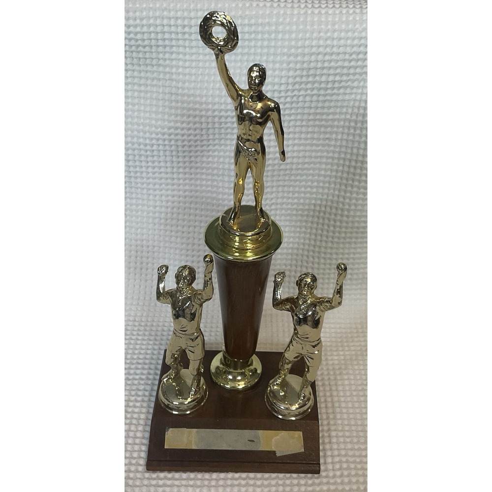 Vintage tennis Trophy Gold Figures Wood Base Retro Sports Memorabilia Award